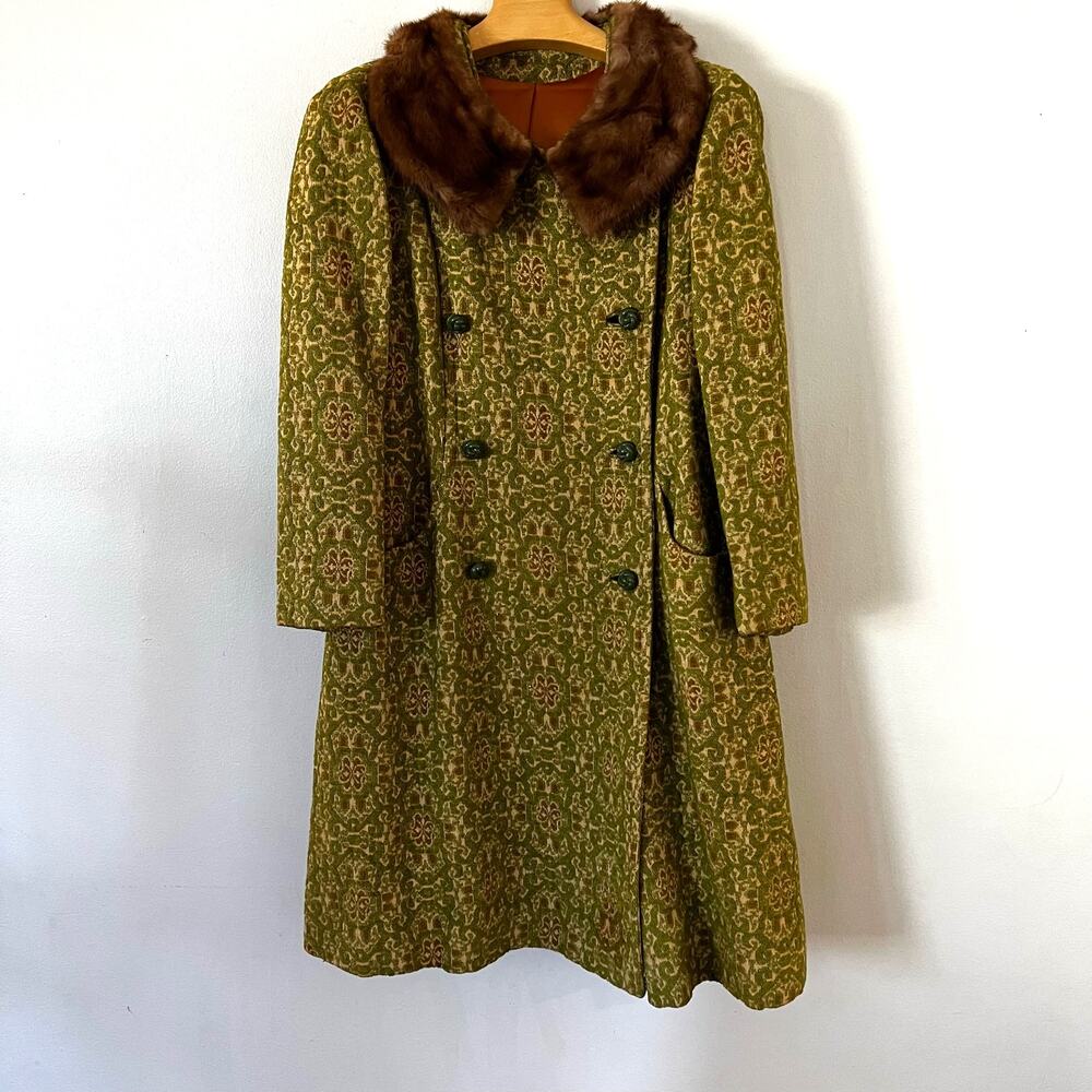 Vintage Green Patterned Pea Coat with Brown Fur Collar